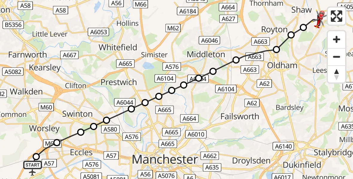 Flight route Air Ambulance Helicopter Manchester Barton Aerodrome - Shaw, 27 July 2026, 15:32