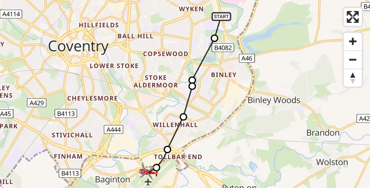 Flight route Air Ambulance Helicopter Clifford Park - Coventry Airport, 27 July 2026, 15:36