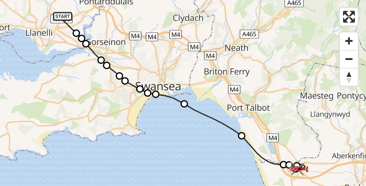Flight route Air Ambulance Helicopter Dafen - Pyle, 27 July 2026, 15:38