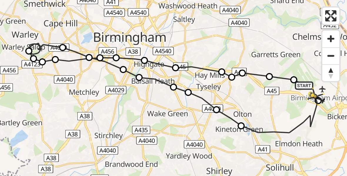 Flight route Police Helicopter Birmingham Airport - Birmingham Airport, 27 July 2026, 15:39