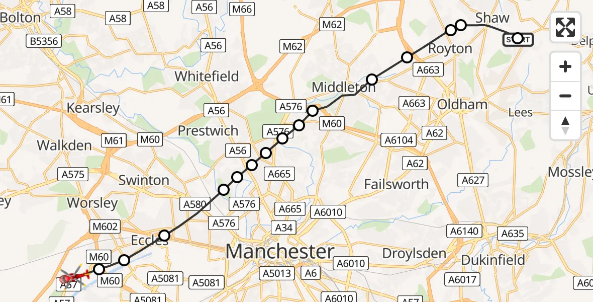 Flight route Air Ambulance Helicopter Shaw - Manchester Barton Aerodrome, 27 July 2026, 15:43