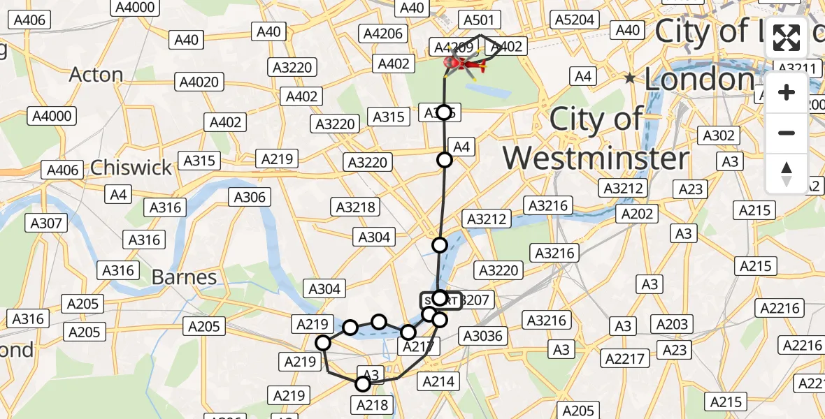 Flight route Air Ambulance Helicopter London Heliport - City of Westminster, 27 July 2026, 15:46