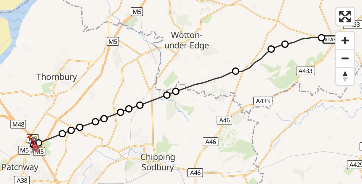 Flight route Air Ambulance Helicopter Tetbury - Almondsbury Helicopter Base, 27 July 2026, 15:47