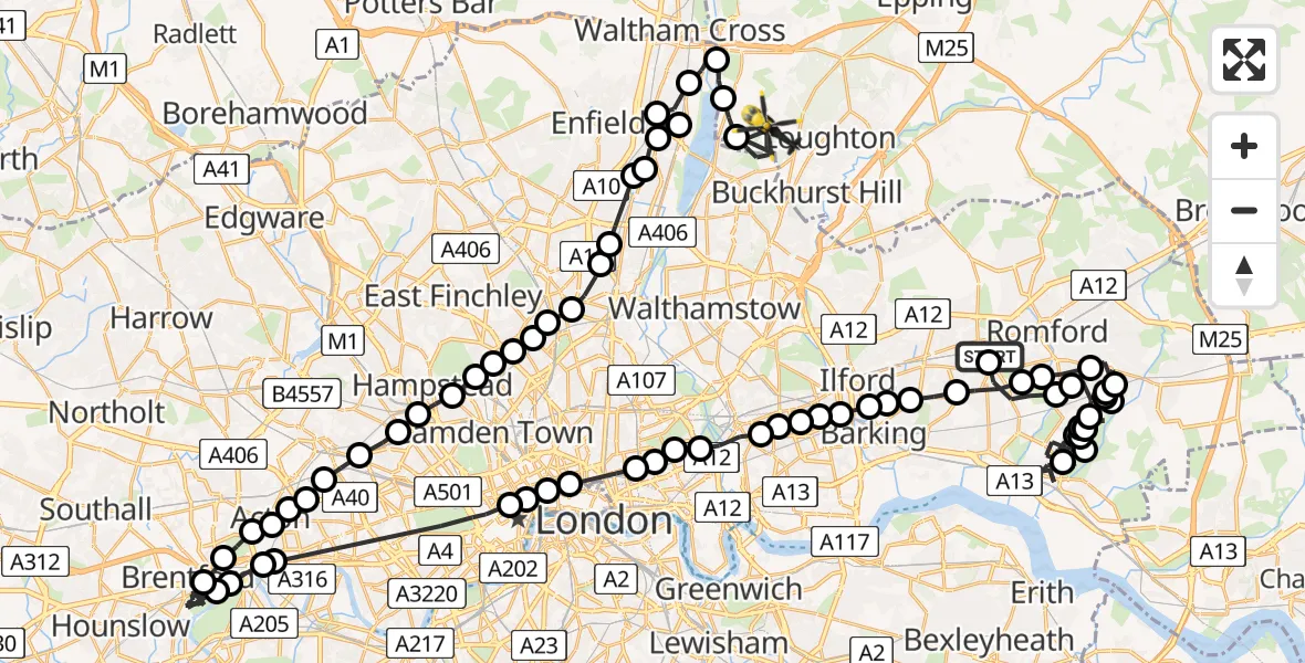 Flight route Police Helicopter Becontree Heath - Sewardstonebury, 27 July 2026, 15:52