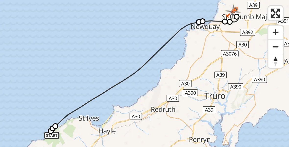 Flight route Coastguard Helicopter Porthmeor - Cornwall Airport Newquay, 27 July 2026, 15:55