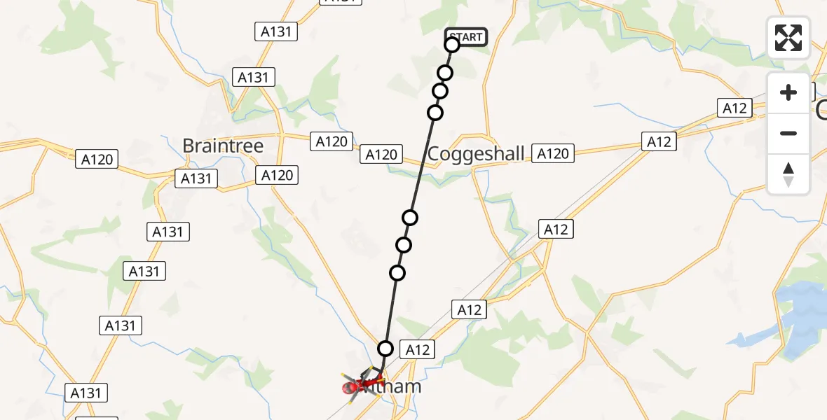 Flight route Air Ambulance Helicopter Earls Colne Airfield - Witham, 27 July 2026, 15:56