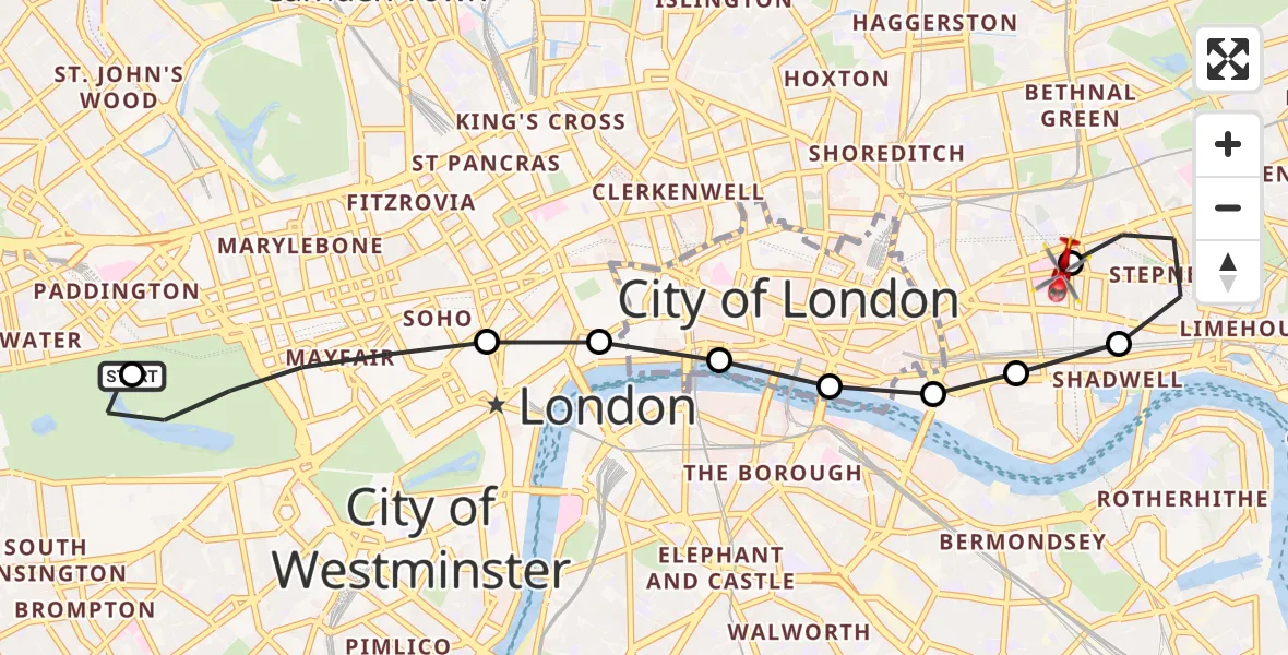 Flight route Air Ambulance Helicopter City of Westminster - Royal London Hospital, 27 July 2026, 15:58