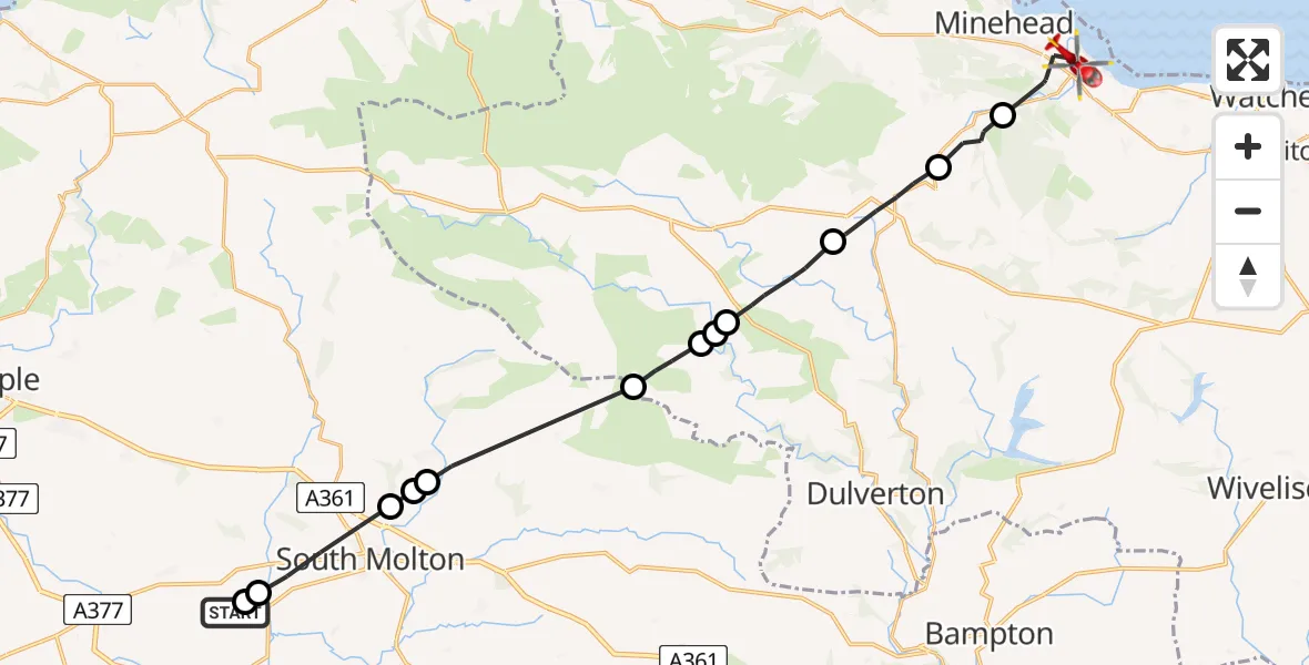 Flight route Air Ambulance Helicopter North Devon - Dunster, 27 July 2026, 15:59
