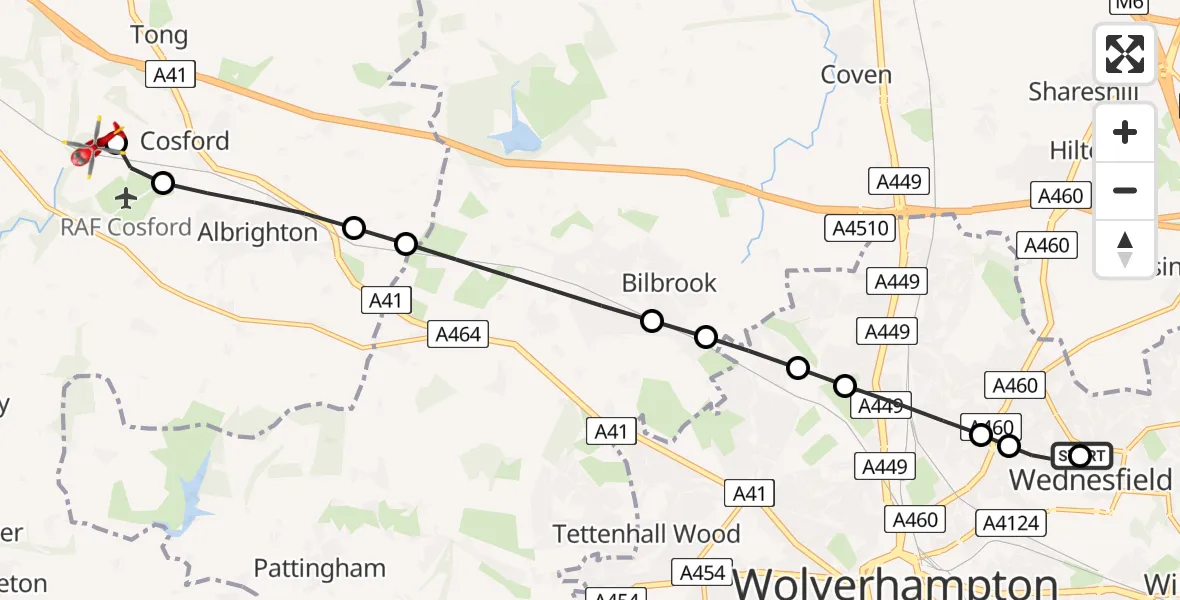 Flight route Air Ambulance Helicopter Wednesfield - Cosford, 27 July 2026, 16:04