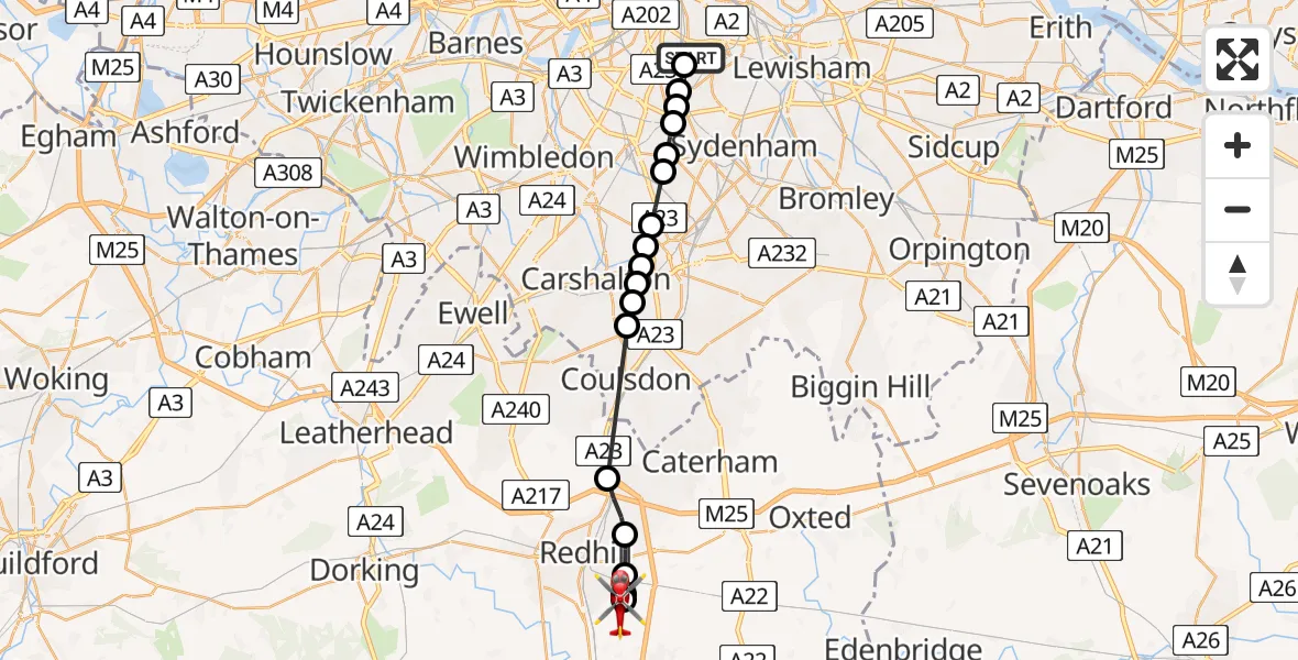 Flight route Air Ambulance Helicopter Kings College London Hospital - Redhill Aerodrome, 27 July 2026, 16:14