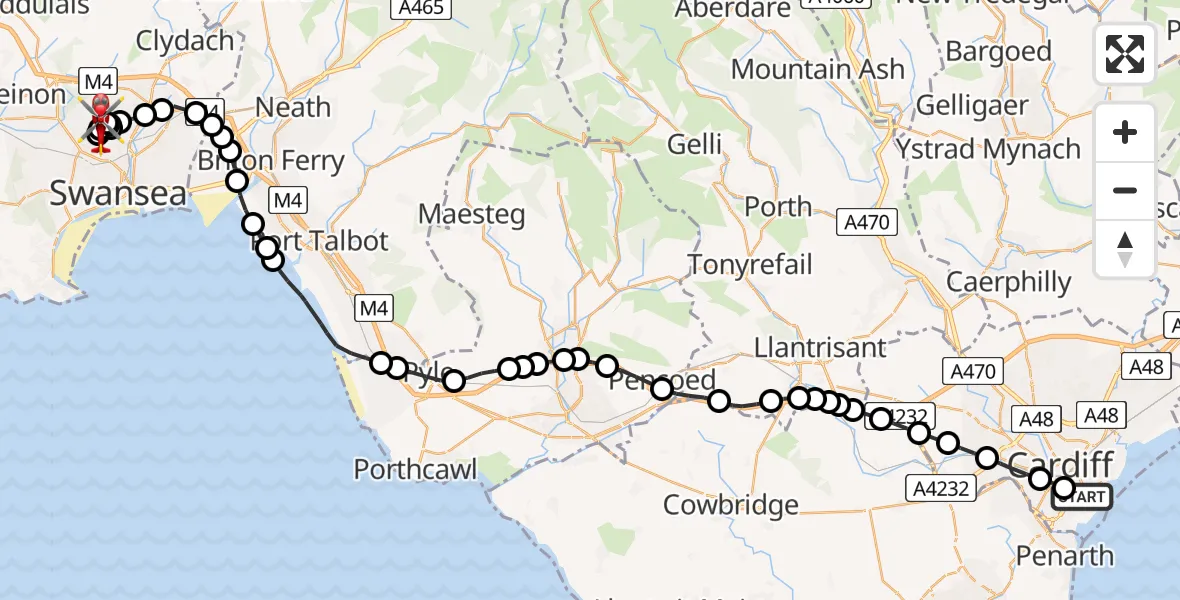 Flight route Air Ambulance Helicopter Cardiff Bay - Tirdeunaw, 27 July 2026, 16:22
