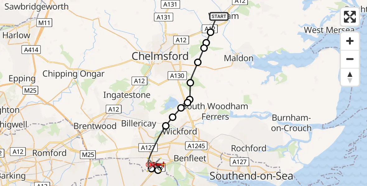 Flight route Air Ambulance Helicopter Witham - Basildon, 27 July 2026, 16:37
