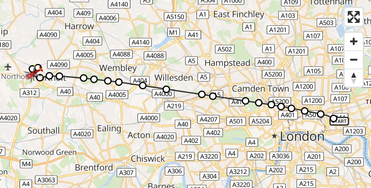 Flight route Air Ambulance Helicopter Royal London Hospital - Ealing, 27 July 2026, 16:49