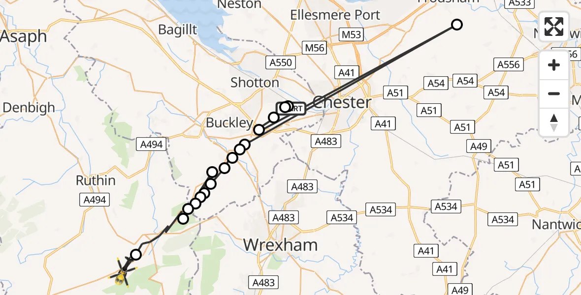 Flight route Police Helicopter Hawarden Airport - Bryneglwys, 27 July 2026, 16:53
