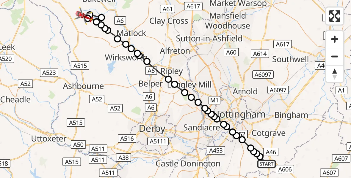 Flight route Air Ambulance Helicopter Widmerpool - Youlgreave, 27 July 2026, 17:00