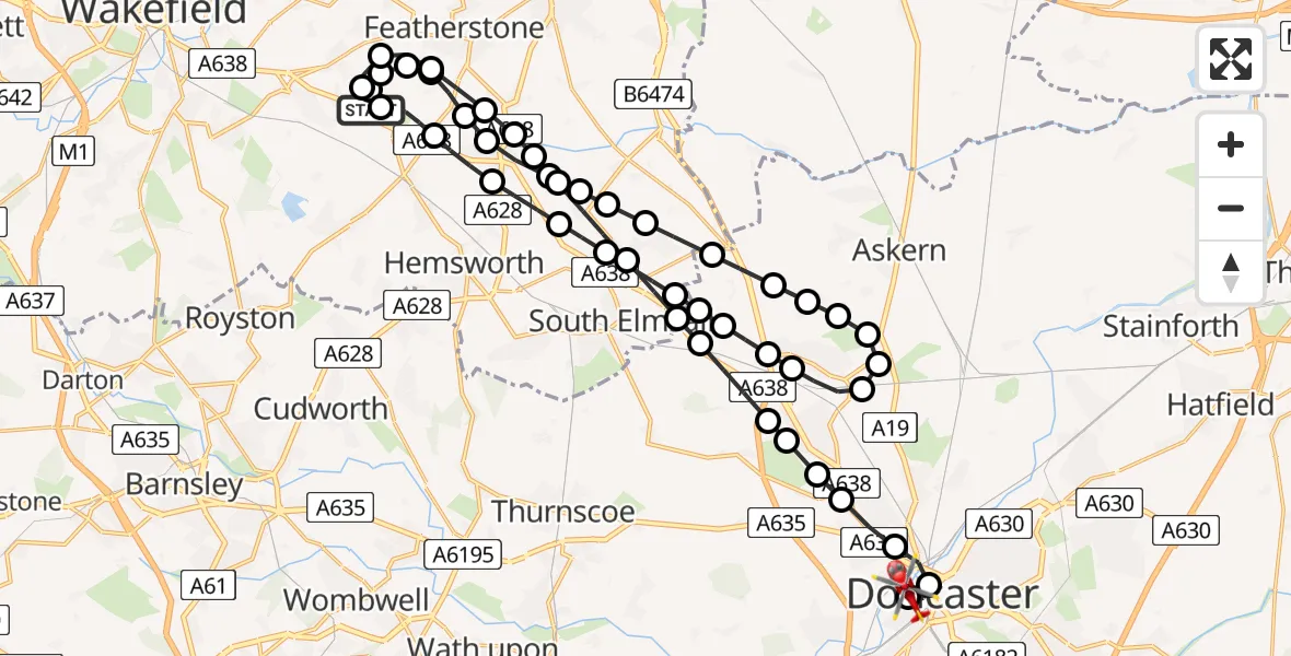 Flight route Air Ambulance Helicopter YAA Nostell Helicopter Port - Cusworth, 27 July 2026, 17:05