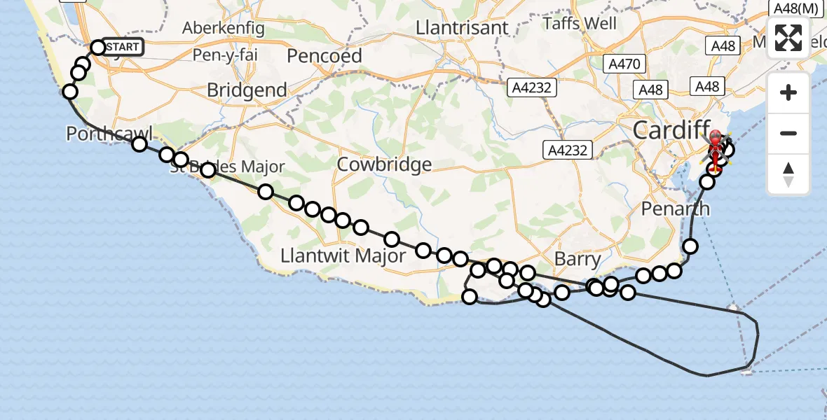Flight route Air Ambulance Helicopter Pyle - Cardiff Heliport, 27 July 2026, 17:05