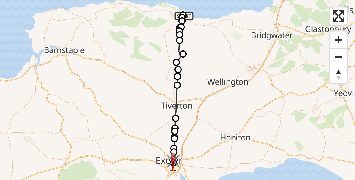 Flight route Air Ambulance Helicopter Dunster - Royal Devon & Exeter Hospital, 27 July 2026, 17:08
