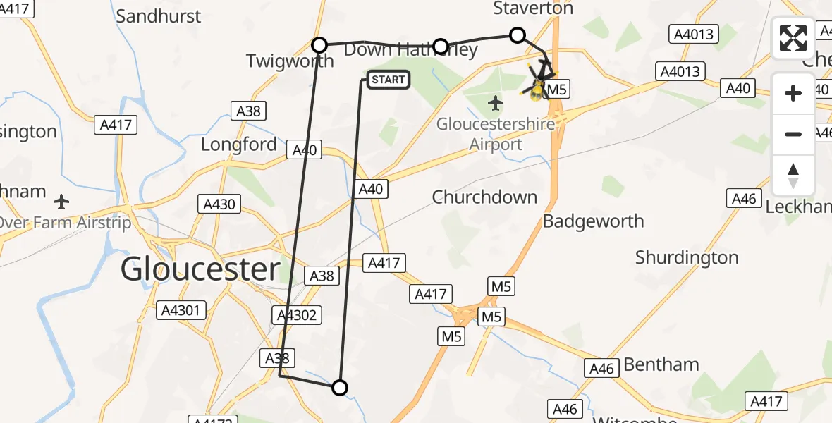 Flight route Police Helicopter Tewkesbury - Tewkesbury, 27 July 2026, 17:24