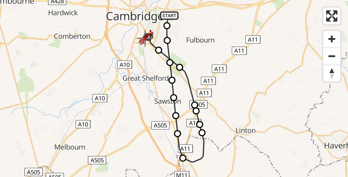 Flight route Air Ambulance Helicopter Cambridge City Airport - Cambridge, 27 July 2026, 17:28