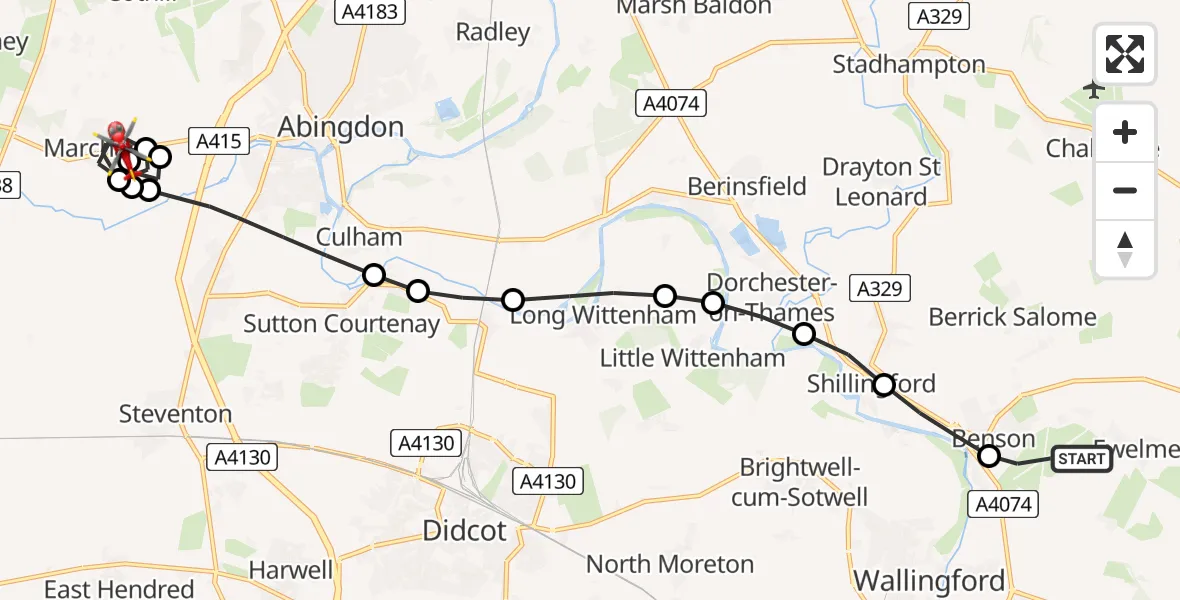 Flight route Air Ambulance Helicopter RAF Benson - Marcham, 27 July 2026, 17:30