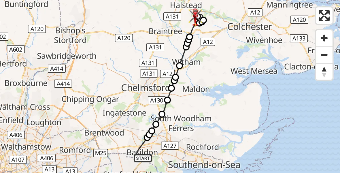 Flight route Air Ambulance Helicopter Basildon - Earls Colne Airfield, 27 July 2026, 17:32