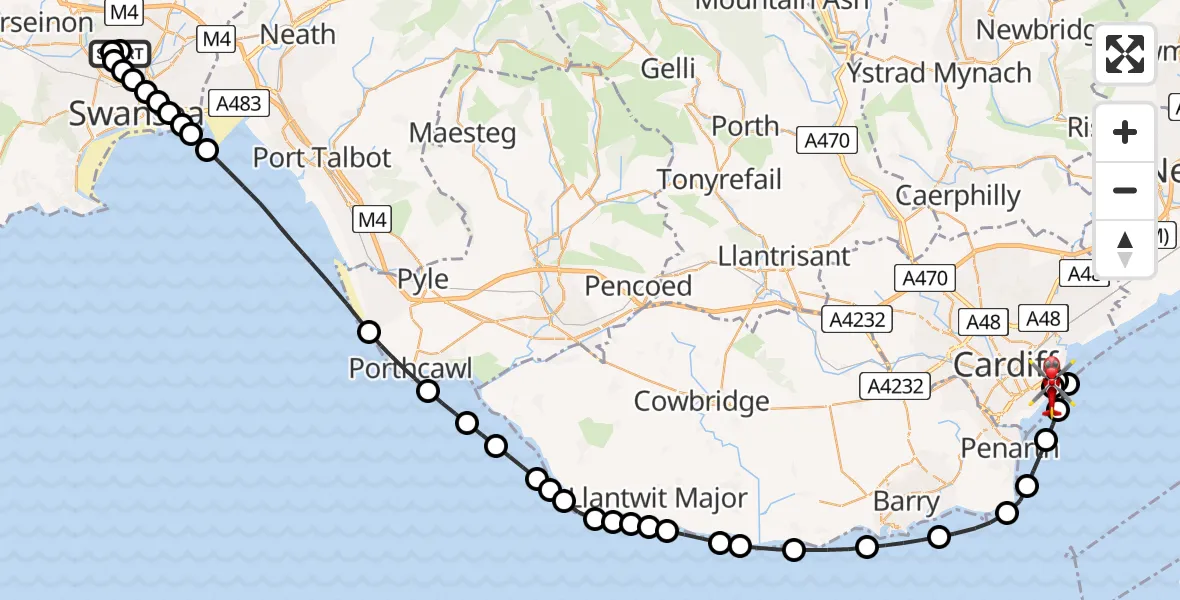 Flight route Air Ambulance Helicopter Penlan - Cardiff Heliport, 27 July 2026, 17:31
