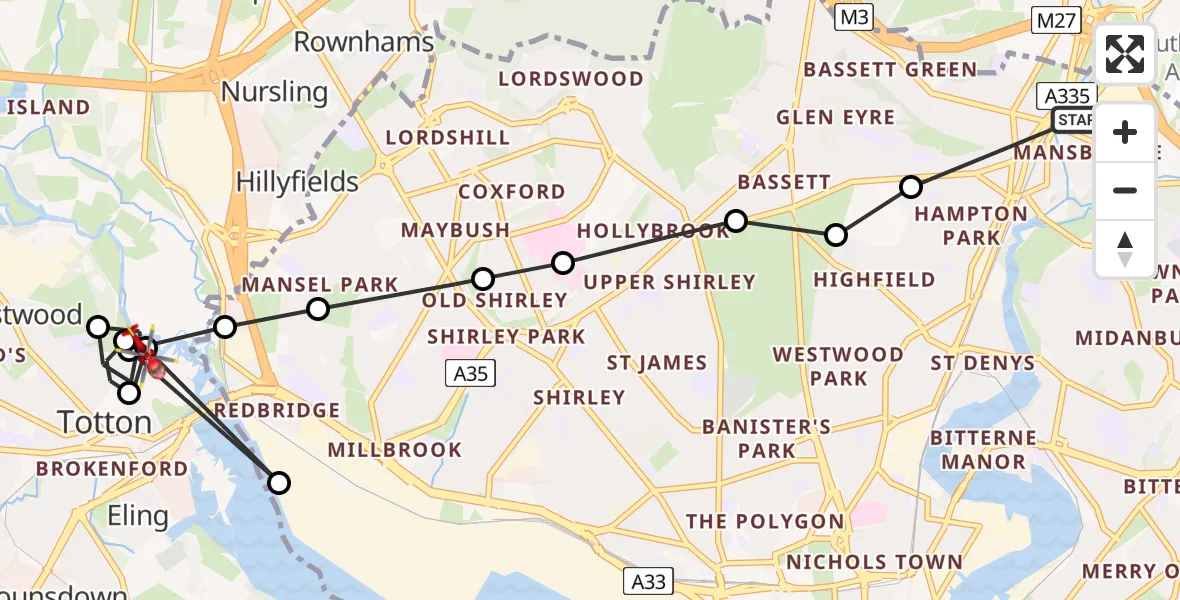 Flight route Air Ambulance Helicopter Mansbridge - Totton, 27 July 2026, 17:32