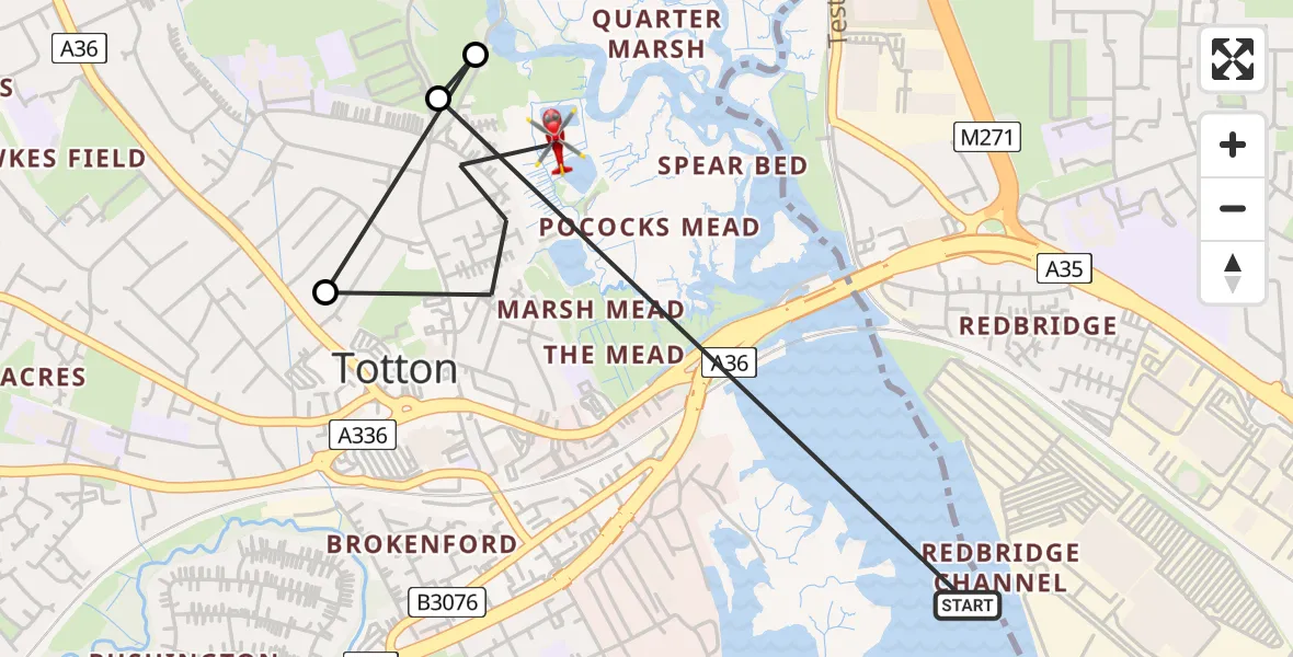 Flight route Air Ambulance Helicopter Southampton - Totton, 27 July 2026, 17:39