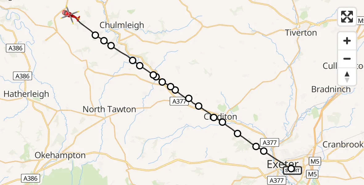 Flight route Air Ambulance Helicopter Royal Devon & Exeter Hospital - North Devon, 27 July 2026, 17:47