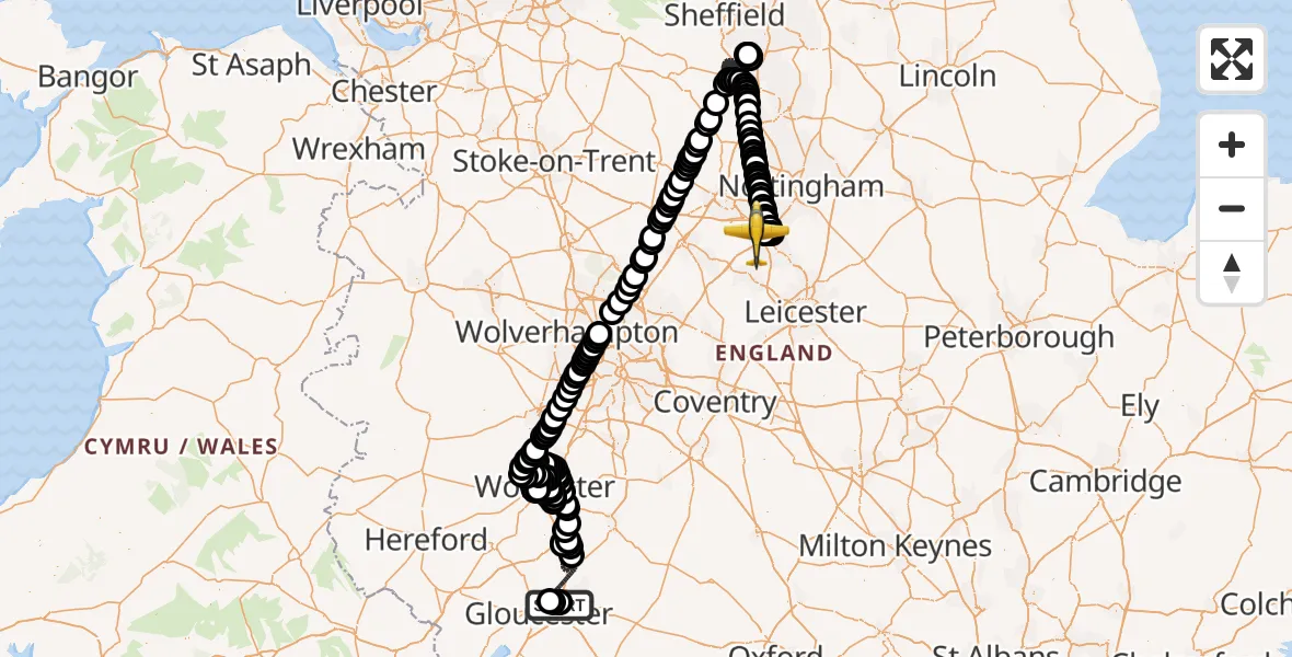 Flight route Police Aircraft Gloucestershire Airport - East Midlands Airport, 27 July 2026, 17:47