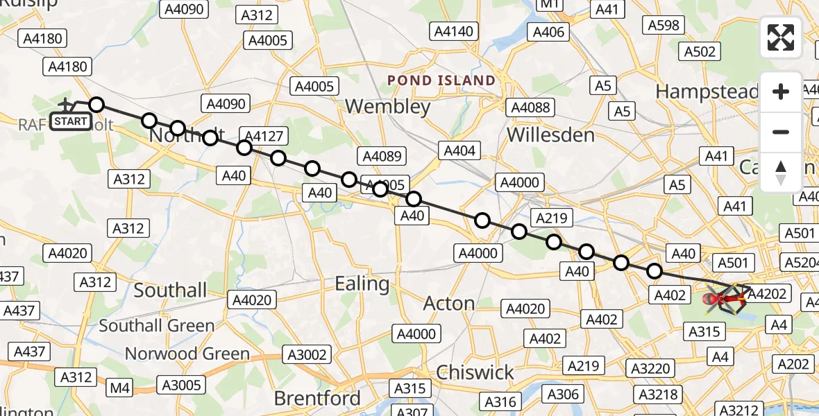 Flight route Air Ambulance Helicopter RAF Northolt - City of Westminster, 27 July 2026, 17:50
