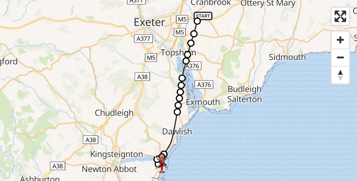 Flight route Air Ambulance Helicopter Exeter International Airport - Shaldon, 27 July 2026, 17:51