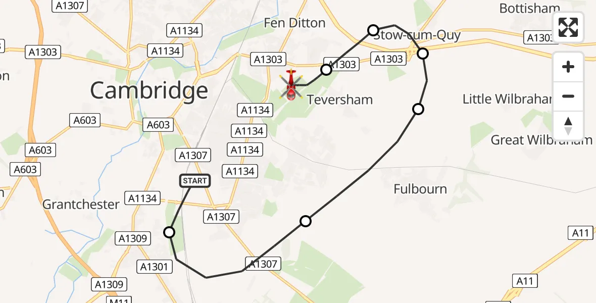 Flight route Air Ambulance Helicopter Cambridge - Cambridge City Airport, 27 July 2026, 17:55