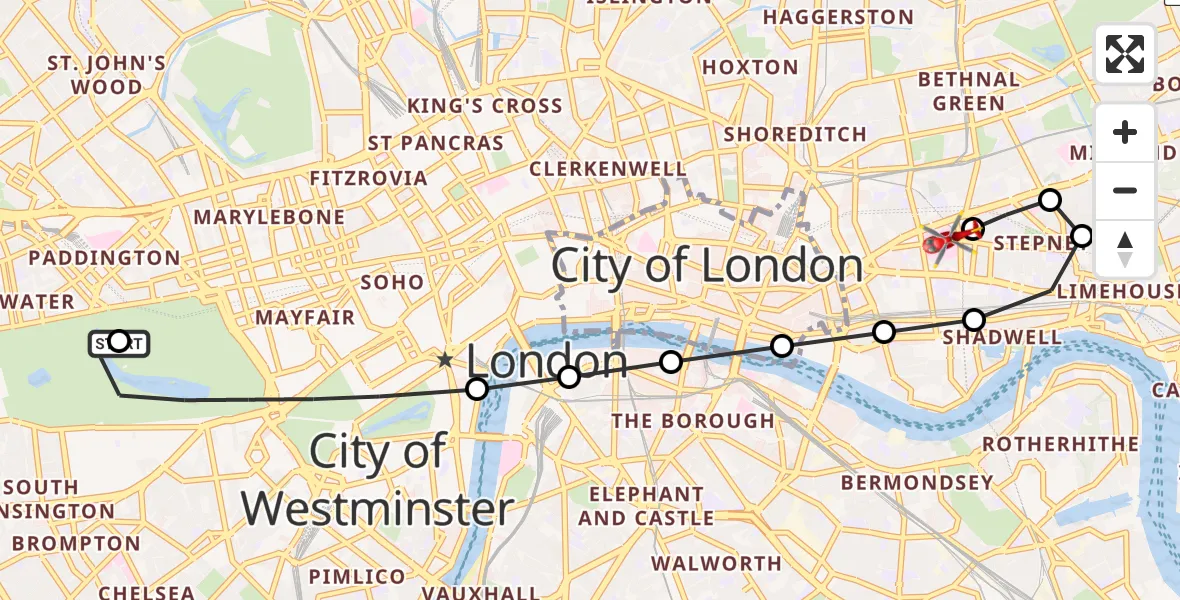 Flight route Air Ambulance Helicopter City of Westminster - Royal London Hospital, 27 July 2026, 18:01