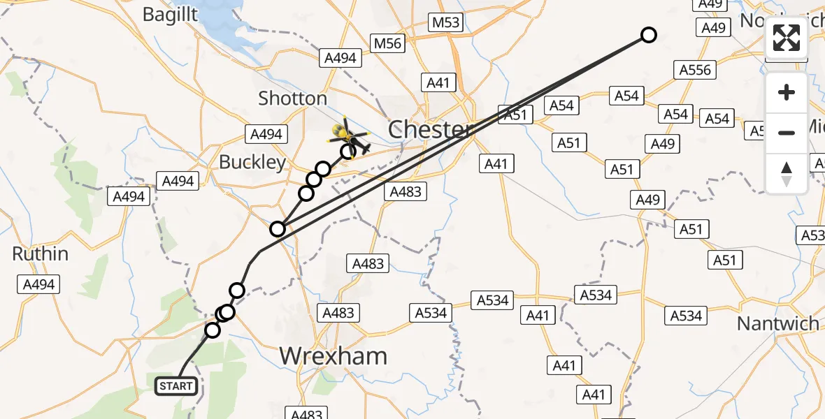 Flight route Police Helicopter Llandegla - Hawarden Airport, 27 July 2026, 18:08