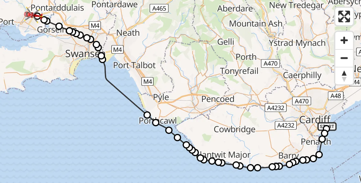 Flight route Air Ambulance Helicopter Cardiff Heliport - Dafen, 27 July 2026, 18:11