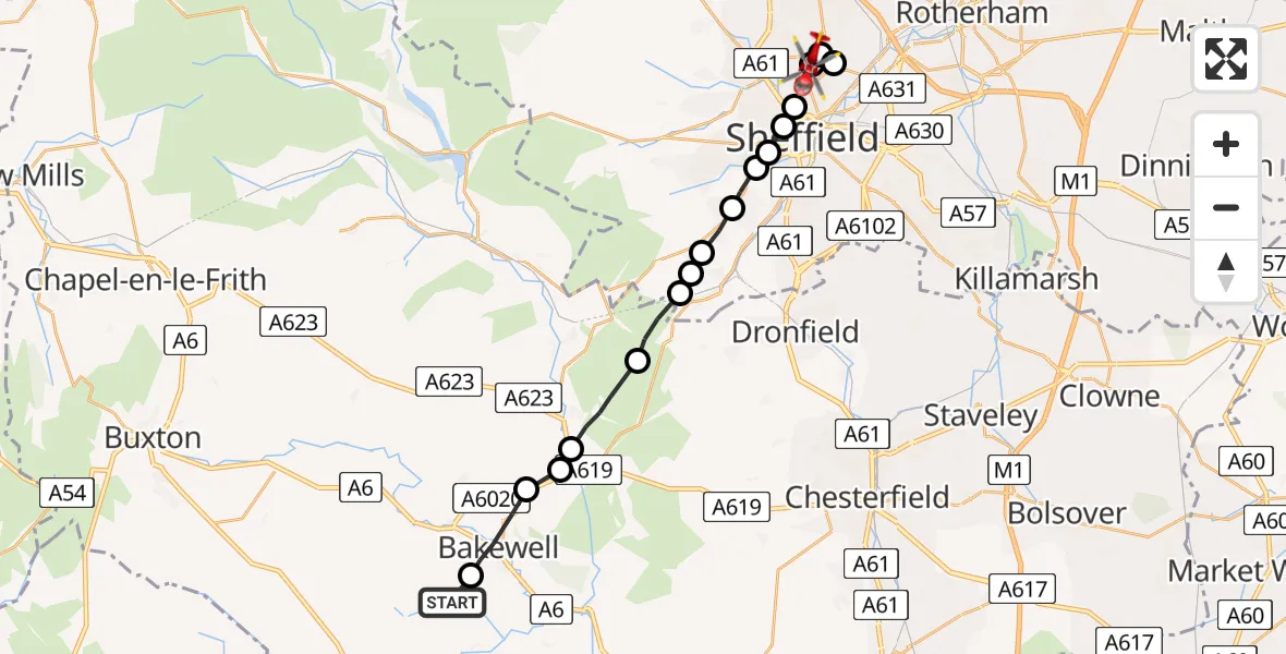 Flight route Air Ambulance Helicopter Over Haddon CP - Pitsmoor, 27 July 2026, 18:15