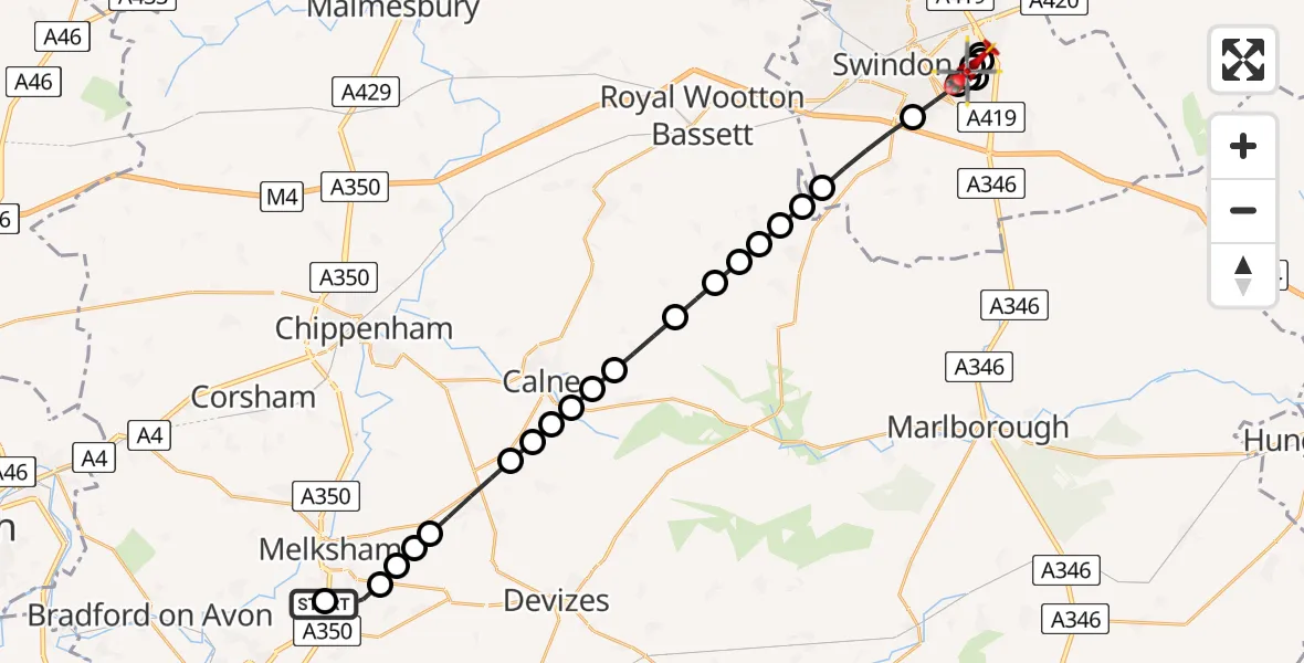 Flight route Air Ambulance Helicopter Wiltshire Air Ambulance - Swindon, 27 July 2026, 18:18