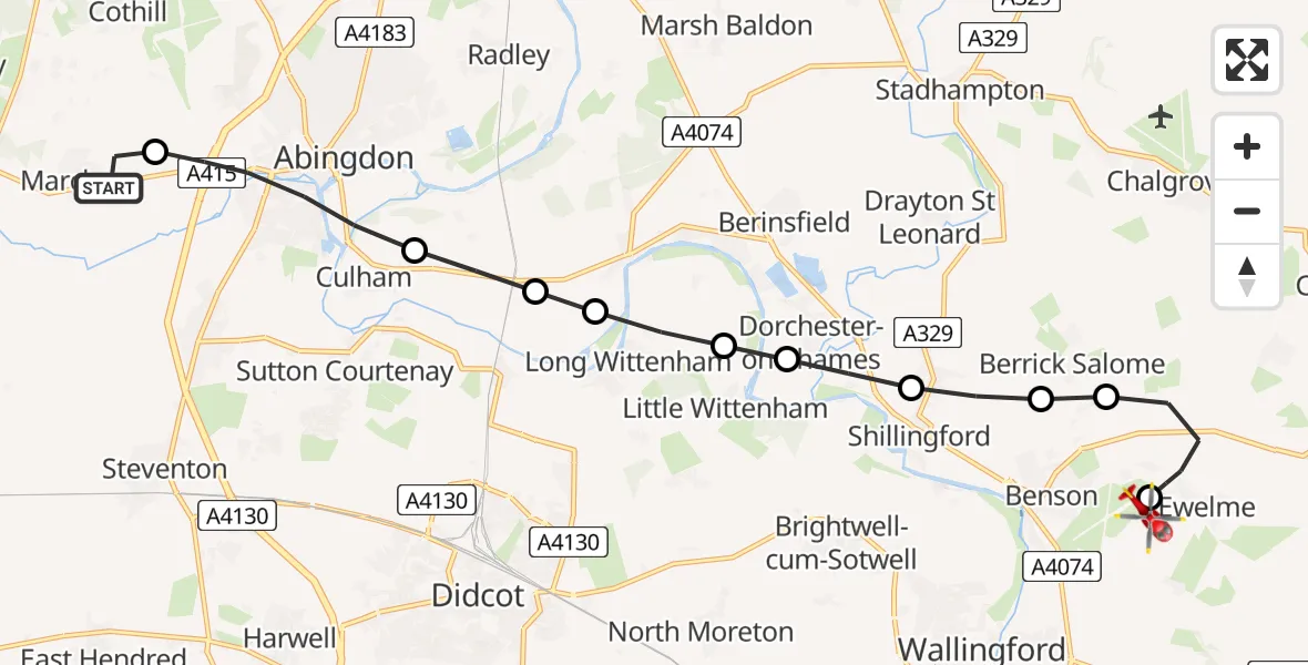 Flight route Air Ambulance Helicopter Marcham - RAF Benson, 27 July 2026, 18:25