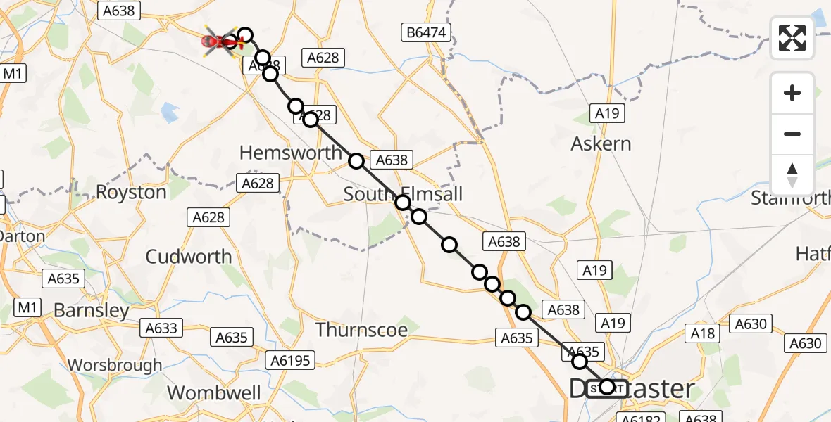 Flight route Air Ambulance Helicopter Cusworth - YAA Nostell Helicopter Port, 27 July 2026, 18:48