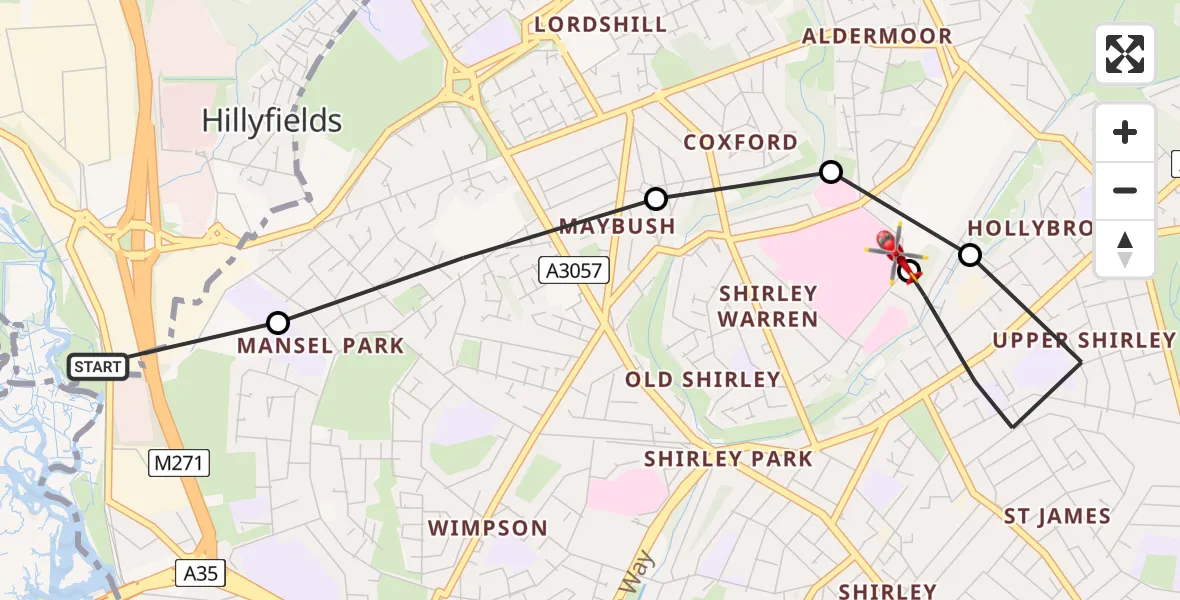 Flight route Air Ambulance Helicopter Hillyfields - University Hospital Southampton, 27 July 2026, 18:52
