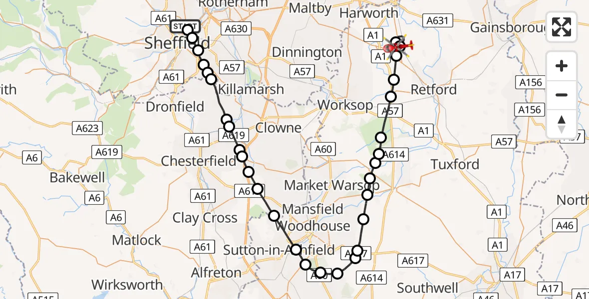 Flight route Air Ambulance Helicopter Page Hall - Torworth, 27 July 2026, 19:03