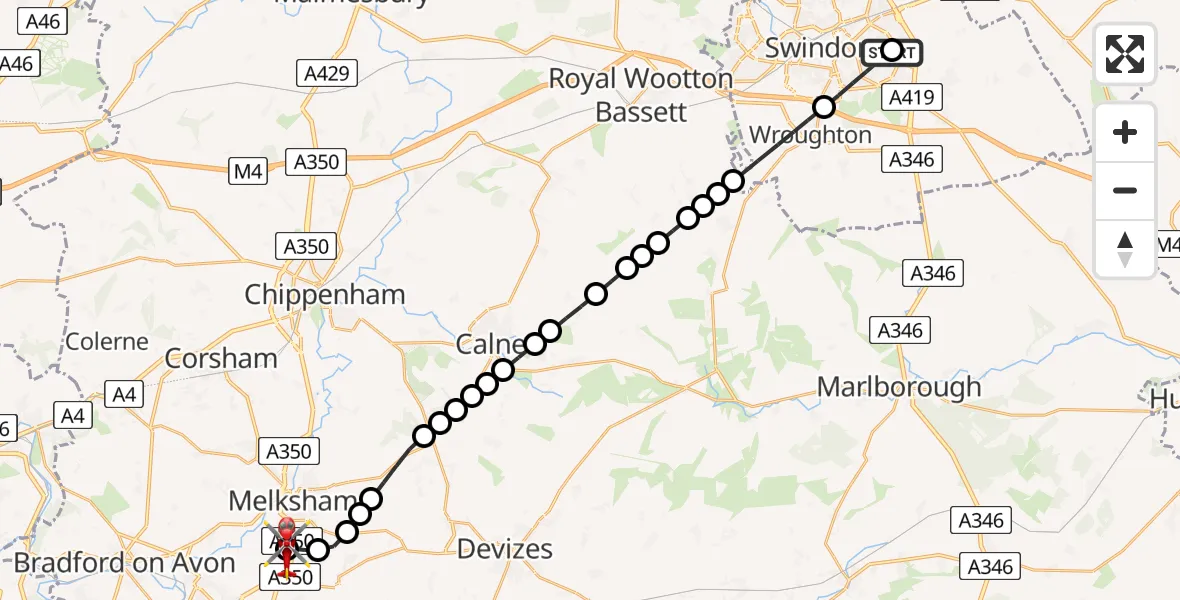 Flight route Air Ambulance Helicopter Eldene - Wiltshire Air Ambulance, 27 July 2026, 19:06