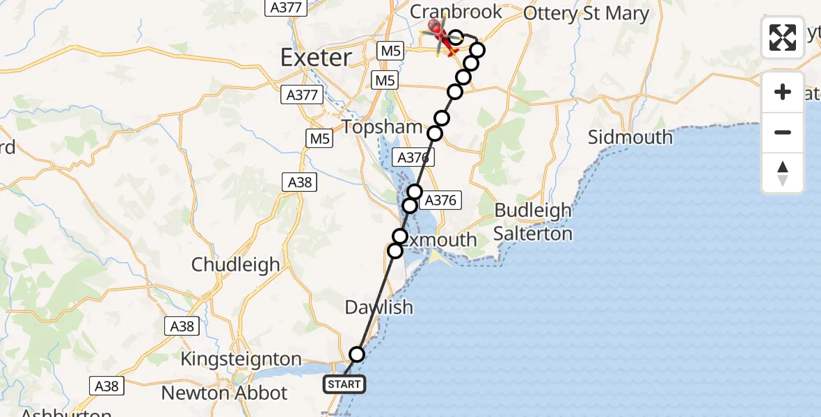 Flight route Air Ambulance Helicopter Shaldon - Exeter International Airport, 27 July 2026, 19:16