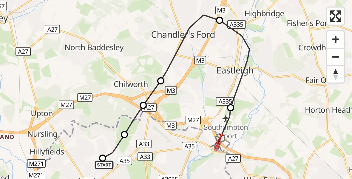 Flight route Air Ambulance Helicopter University Hospital Southampton - Mansbridge, 27 July 2026, 19:31