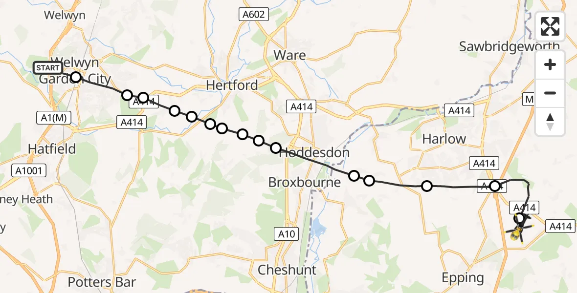 Flight route Police Helicopter Hatfield - North Weald Airfield, 27 July 2026, 19:34