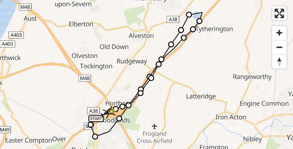Flight route Police Helicopter Patchway - Almondsbury Helicopter Base, 27 July 2026, 19:50