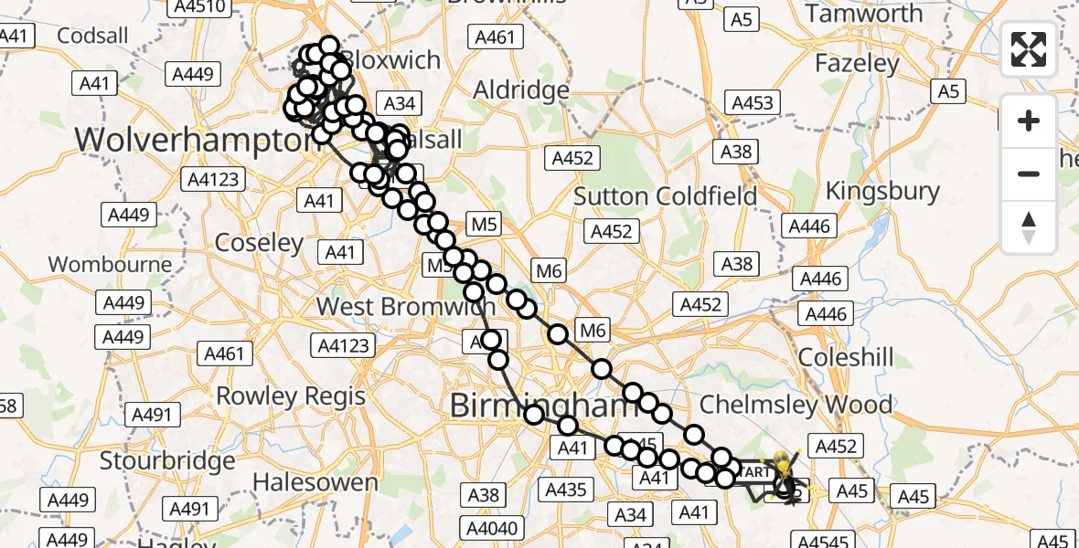 Flight route Police Helicopter Sheldon - Birmingham Airport, 27 July 2026, 19:59