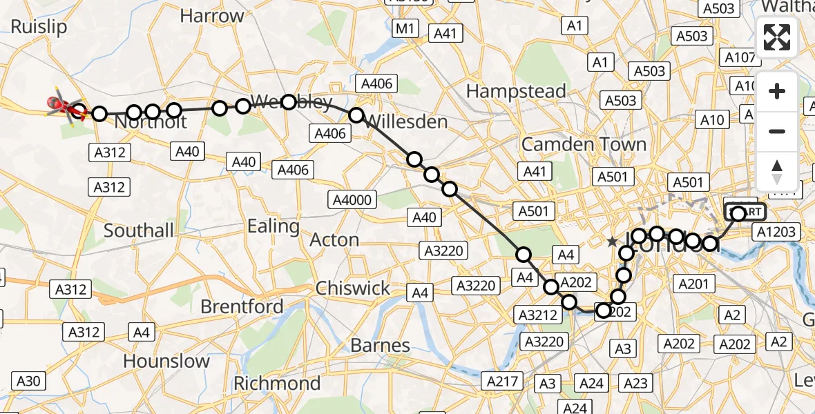 Flight route Air Ambulance Helicopter Royal London Hospital - RAF Northolt, 27 July 2026, 20:04